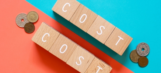 Two rows of wooden blocks spell "COST" on a divided orange and blue background, with coins scattered nearby.