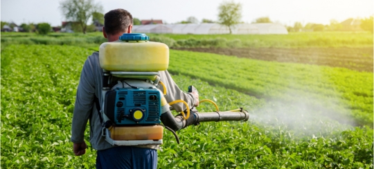 A person is doing a pest control service on grass field