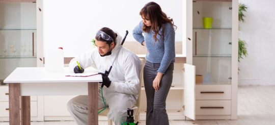 A picture of a guy estimating the possible service for a pest control service to the owner