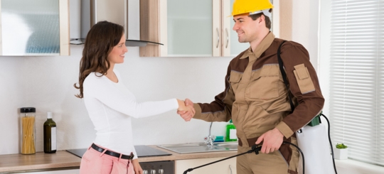 An exterminator and the owner are shaking hands